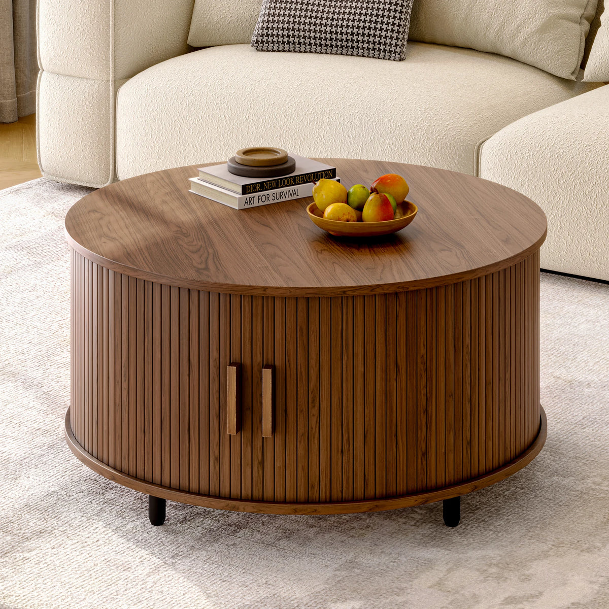 ONBRILL Round Coffee Table With Storage And Fluted Sliding Door