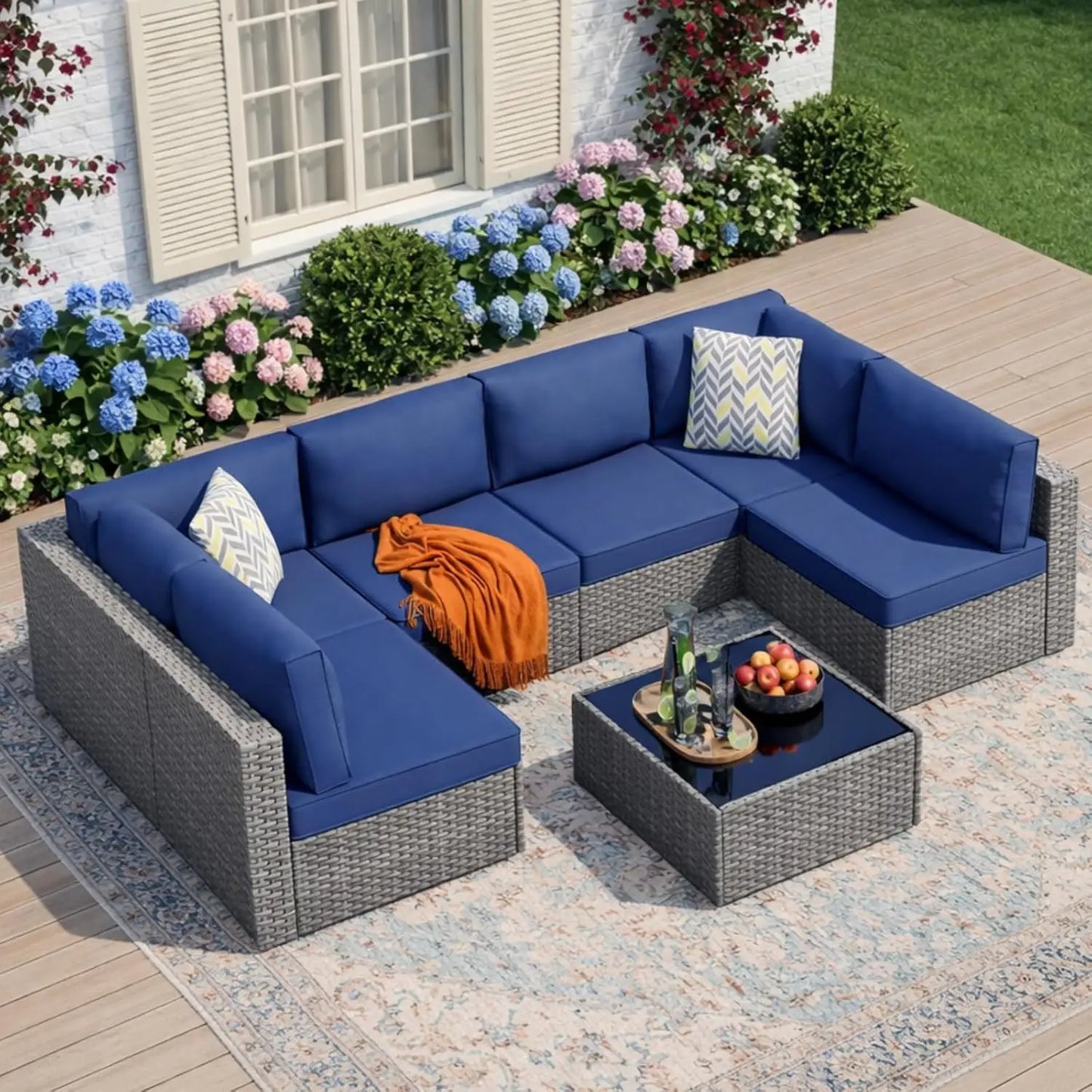 7-Piece Outdoor Patio Furniture Set, Modular PE Rattan Sectional Sofa with Thick Cushions & Glass Coffee Table,, Custom