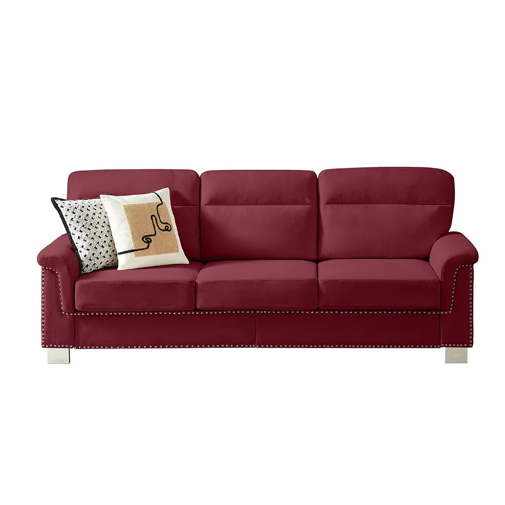 Modern Three Seater Sofa With Nailhead Trim And Metal Legs