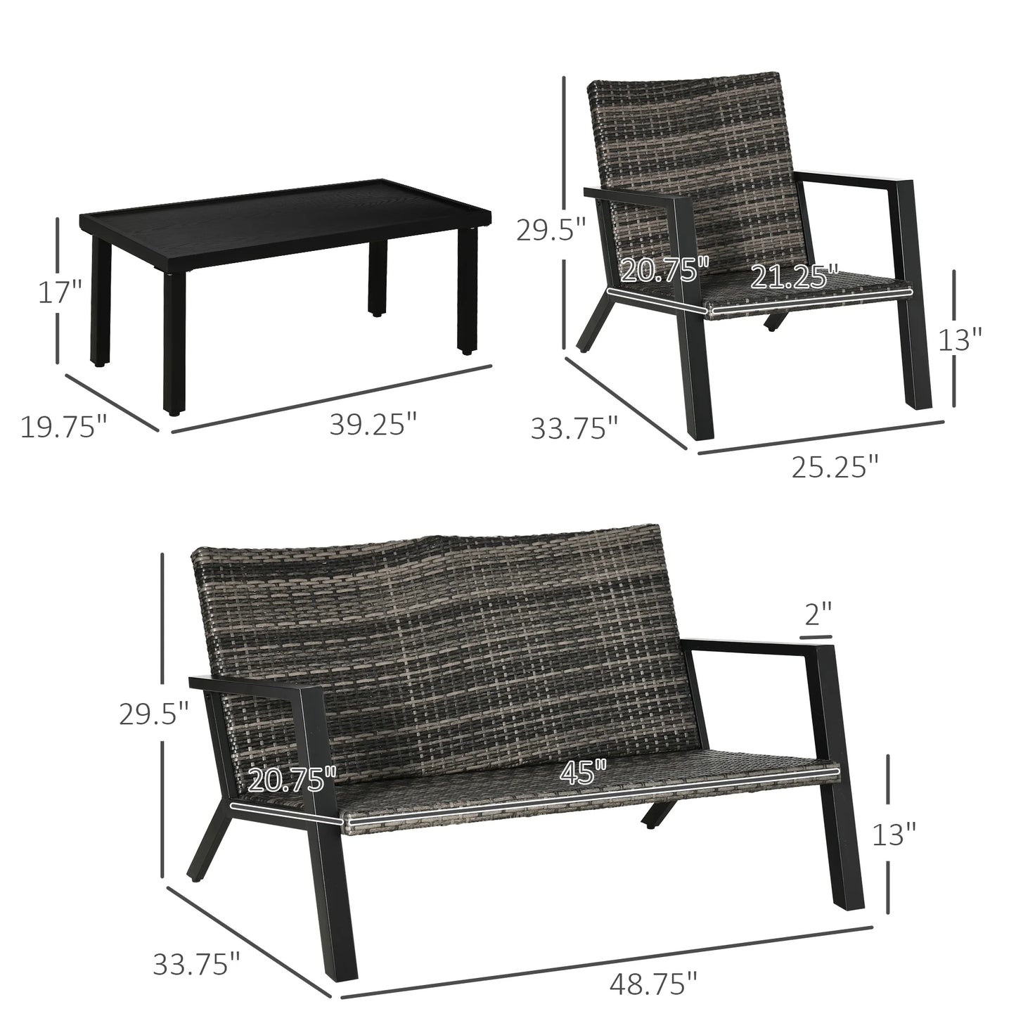 4Pc Outdoor Wicker Patio Furniture Set, Pe Rattan Sofa, 2 Chairs, Table, Black