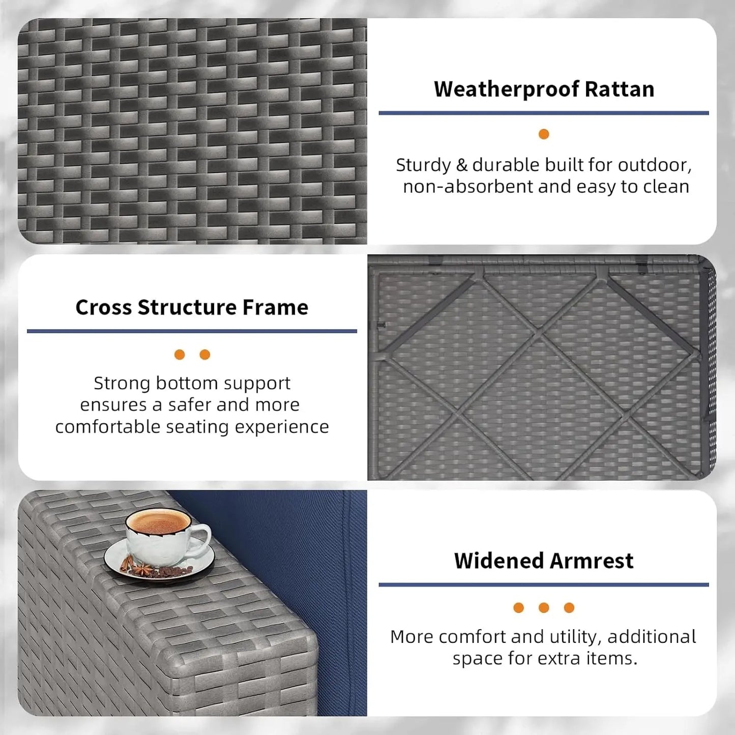 7-Piece Outdoor Patio Furniture Set Grey Rattan Wicker Sectional Sofa Conversation Sets with Cushions and Glass Top, Custom
