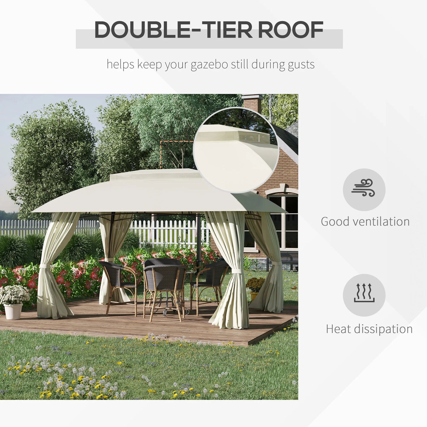 13' X 10' Patio Gazebo, Double Vented Canopy Shelter, Curtains, Steel, Beige