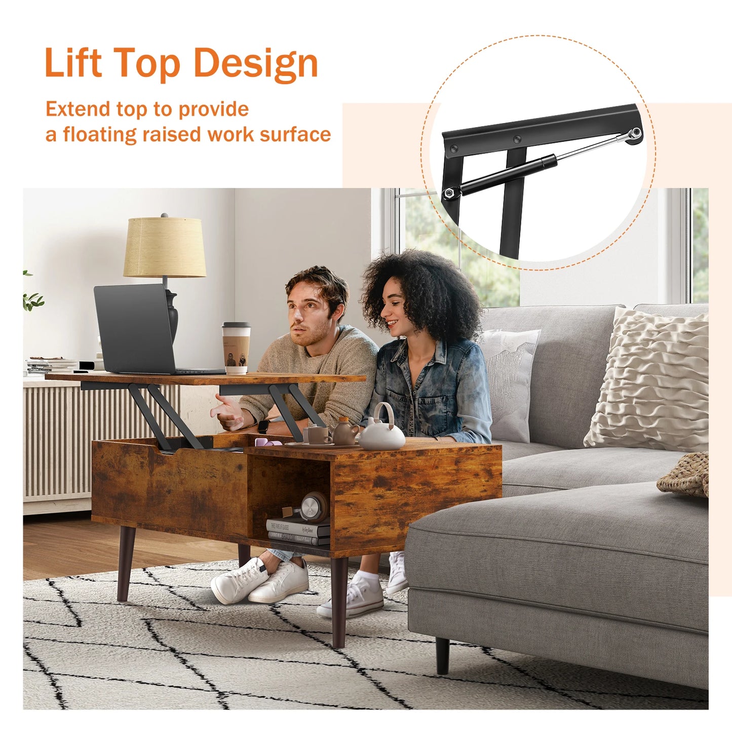 JHK Wooden Lift Top Coffee Table With Adjustable Storage Shelf
