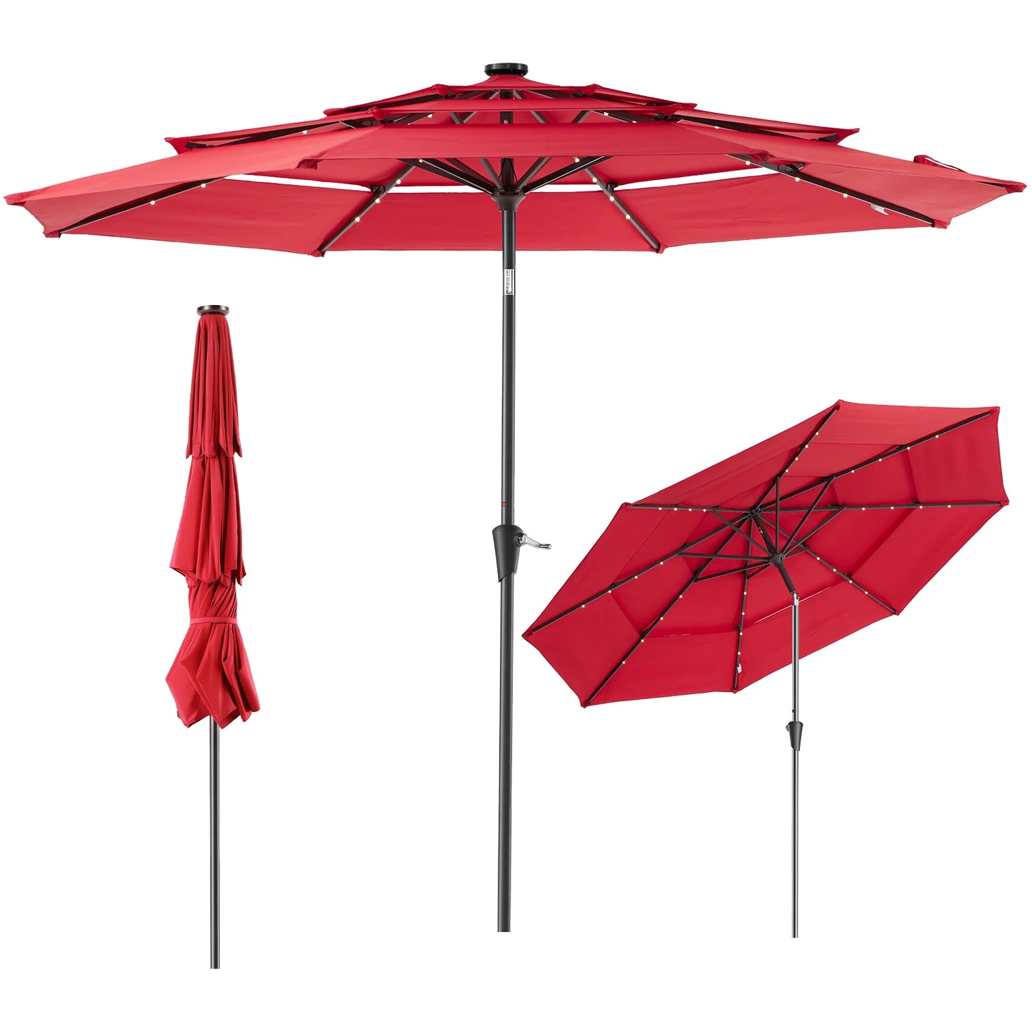 JHK 3-Tier 10FT Outdoor Patio Umbrella with 32 LED Lights Crank 8 Sturdy Ribs Table Umbrella for Pool Beach and Outdoor