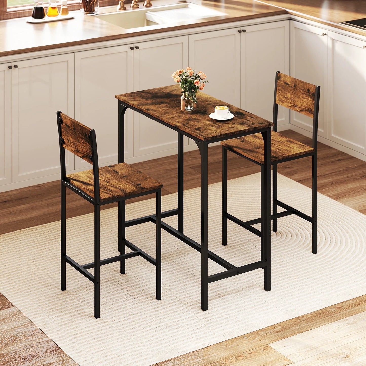 3 Piece Bar Table & Chair Set Kitchen Table w/ 2 Bar Stools for Small Space