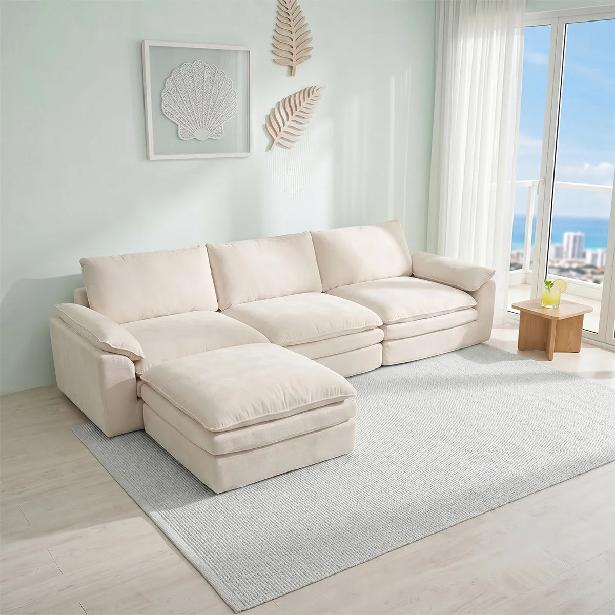 Summer Fresh Cream Style Modular Block Sofa, No Assembly Required, Deep Seat Cloud Sofa for Family Theater Room, Breathable Skin-friendly Fabric Chaise Lounge, Detachable Washable Lazy Cloud Couch for Large Living Room, Multi