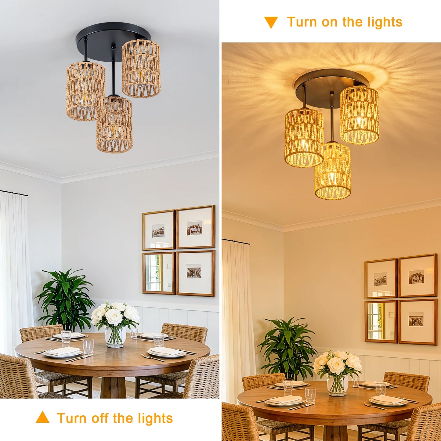 3-Lights Boho Light Fixtures Ceiling Mount, Farmhouse Rattan Chandelier, Hand Woven Cage Shade Semi Flush Mount Ceiling Lights for Bedroom Foyer Entryway Kitchen, Hallway Rattan Light Fixtures Ceiling bulb not included