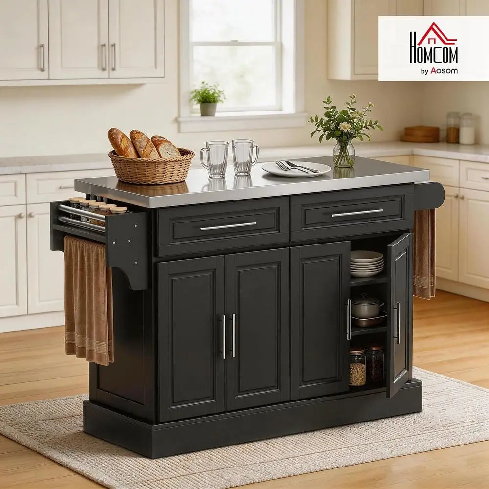 Rolling Kitchen Island Cart with 47" StainlSteel Top, Portable Island Table or Kitchen with Wheels, Adjustable Shelves, 2 Ders,