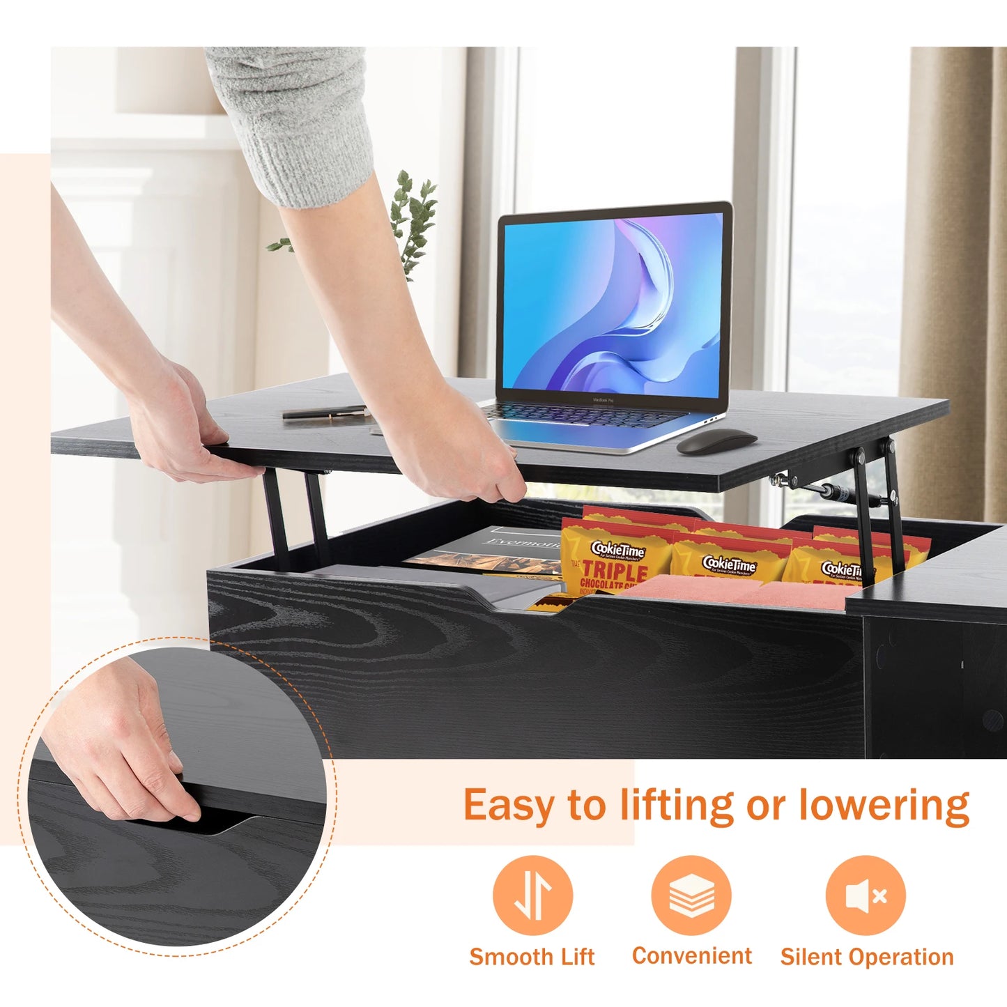 JHK Wooden Lift Top Coffee Table With Adjustable Storage Shelf