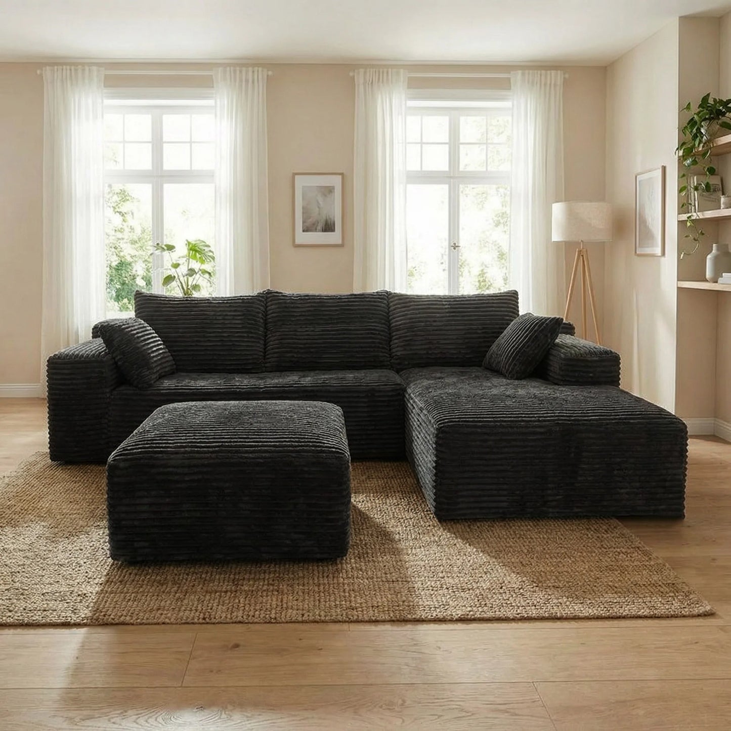 Light Luxury Minimalist Wide Vertical Striped Corduroy Modular L-Shaped Corner Sectional Sofa with Ottoman Footstool, Freely Combinable Cloud Chaise Lounge Lazy Cube Sofa, Oversized Deep Seat No Assembly Fabric Couch with Thr