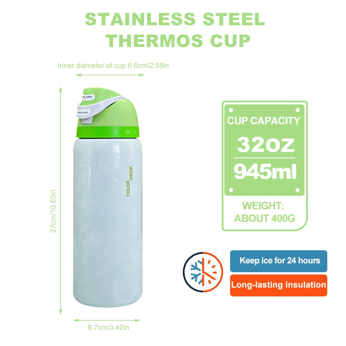 Nightlight Ghost Stainless Steel Insulated Water Bottle With Straw Outdoor