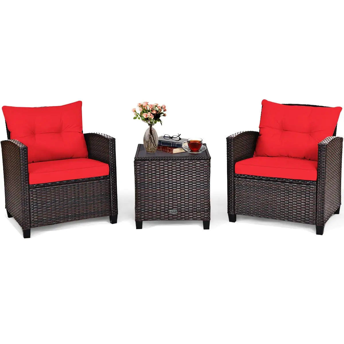 3 Pieces Patio Furniture Set, PE Rattan Wicker 3 Pcs Outdoor Sofa Set w/Washable Cushion and Tempered Glass, Customized