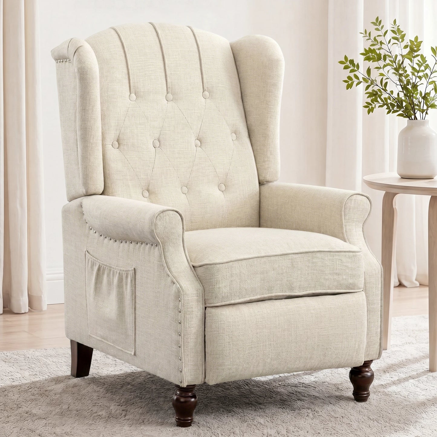 TCGBKAF Mid Century Wingback Pushback Recliner Armchair Massage & Heated Recliner Chair with Button-Tufted Back, Rivet Decoration and Solid Wood Legs for Living Room, Bedroom & Office