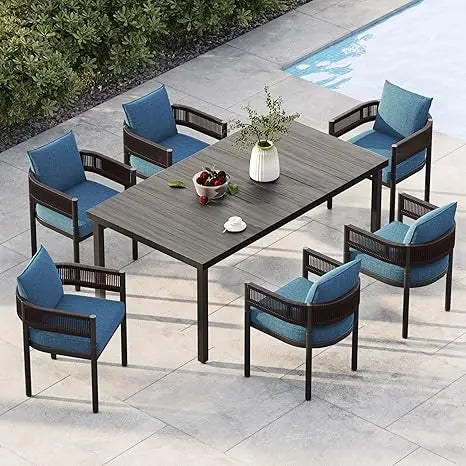 Outdoor 7 Piece Patio Dining Set Metal Woven Chairs