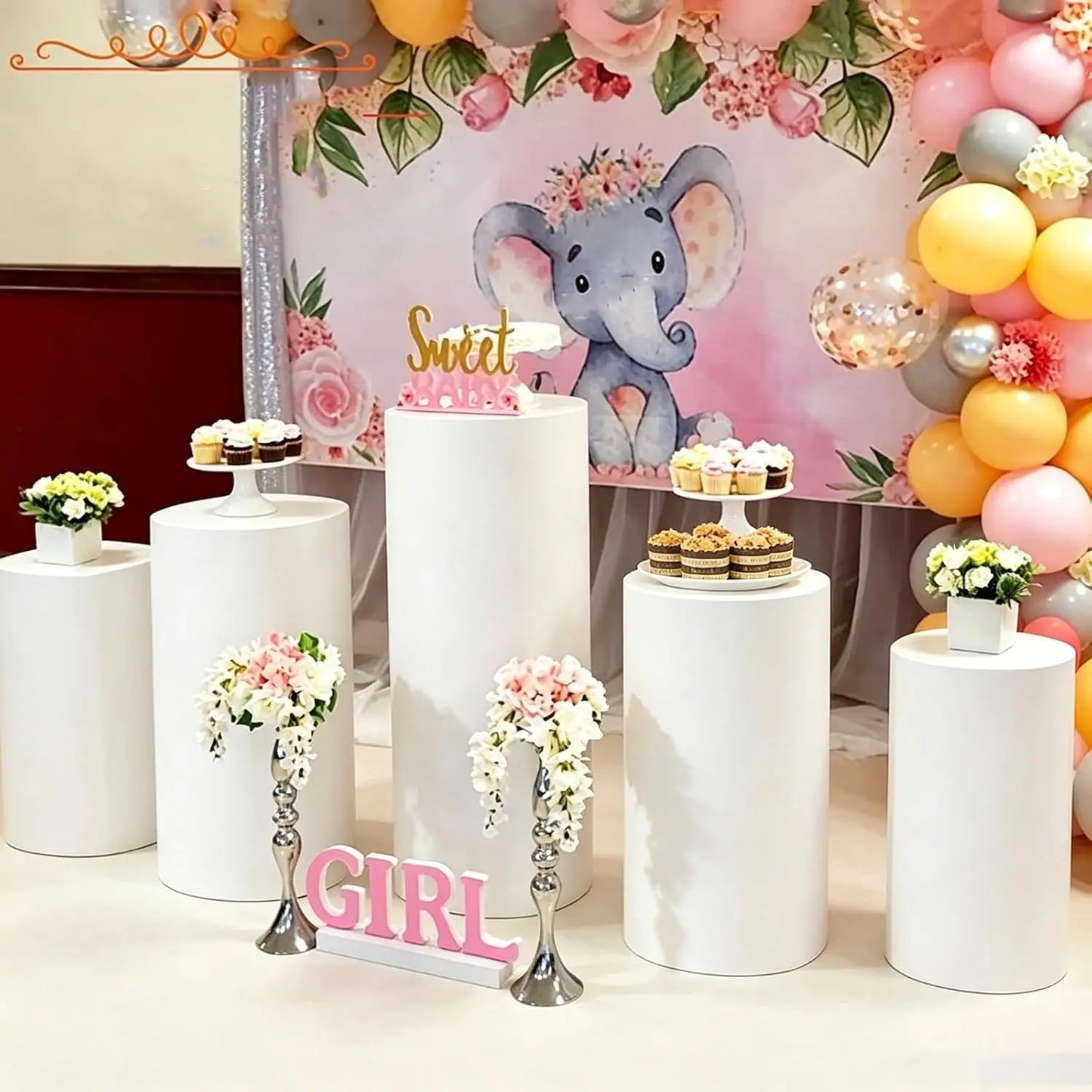 5 Pcs White PVC Cylinder Pedestal Stands Set for Party Round Cake Display Stands Wedding Centerpiece Columns Dessert Table Birthday Baby Shower Flower Decor