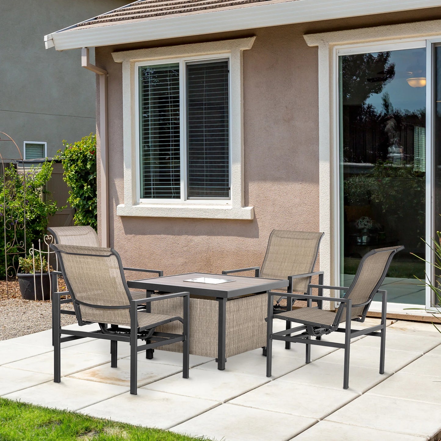 5 Piece Garden Patio Dining Set, Steel, Outdoor Conversation Set, Dinner Table with Built-In Ice Bucket Insert, 4 Rocking Chairs, Beige
