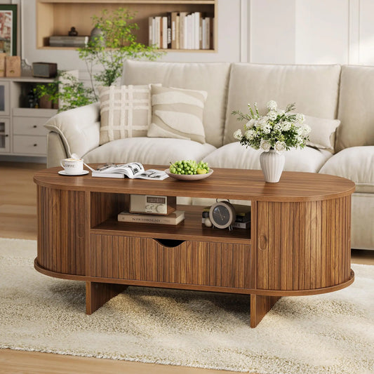 HiMISS Oval Coffee Table With Storage And Fluted Wood Design
