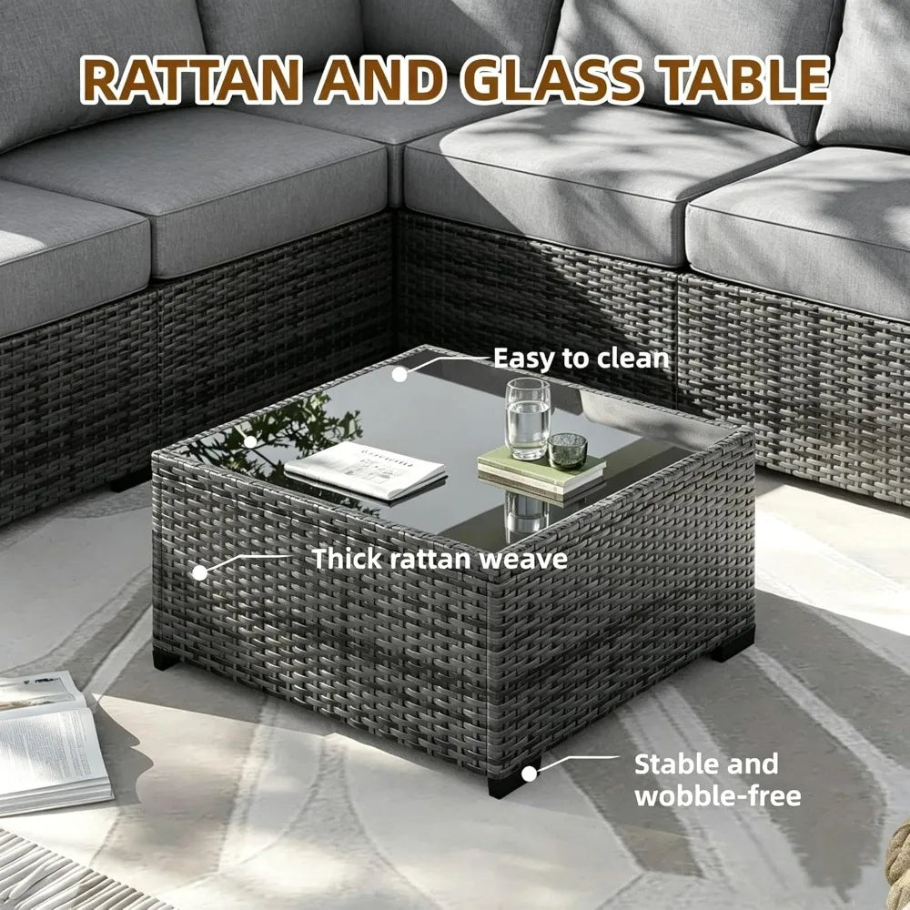 7 Pieces Outdoor Patio Furniture Set, All-Weather Sectional Sofa PE Rattan Wicker with Glass Table & Washable Cushions, Custom