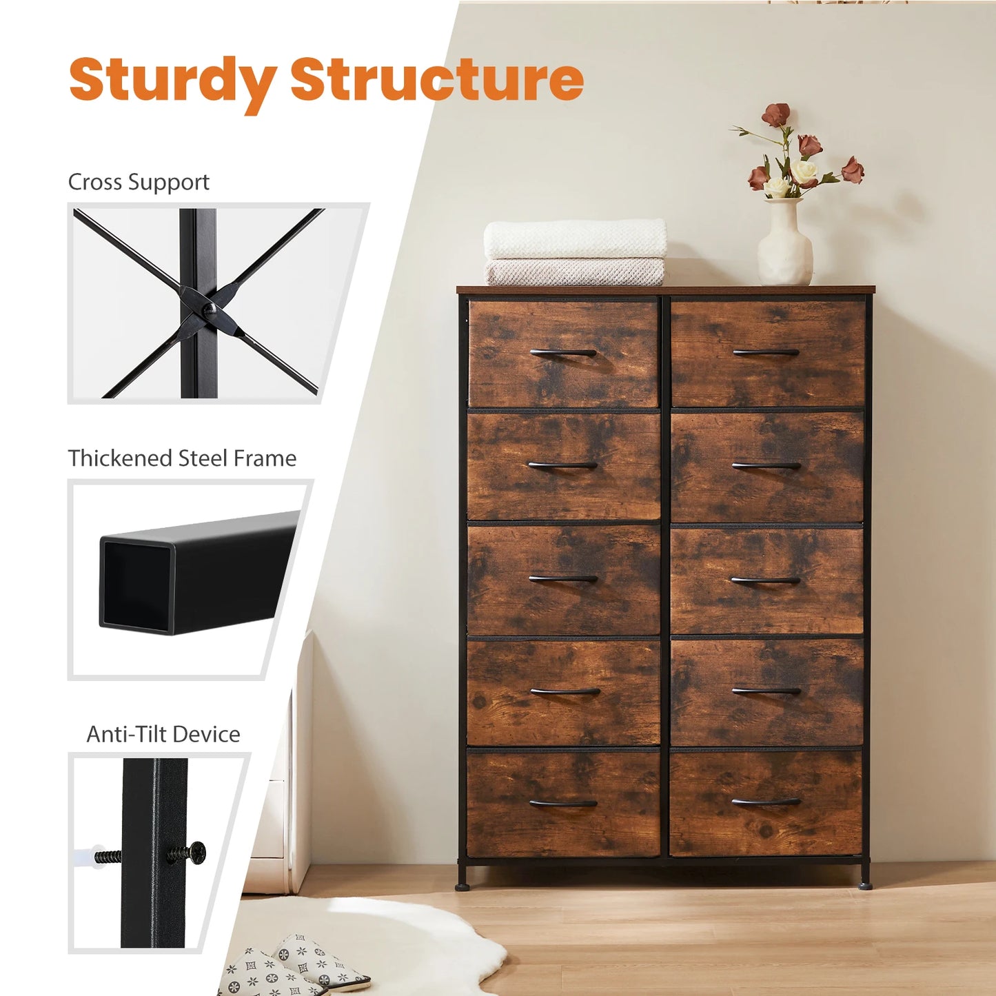 JHK Bedside Table Wardrobe Storage Cabinet With Metal Frame
