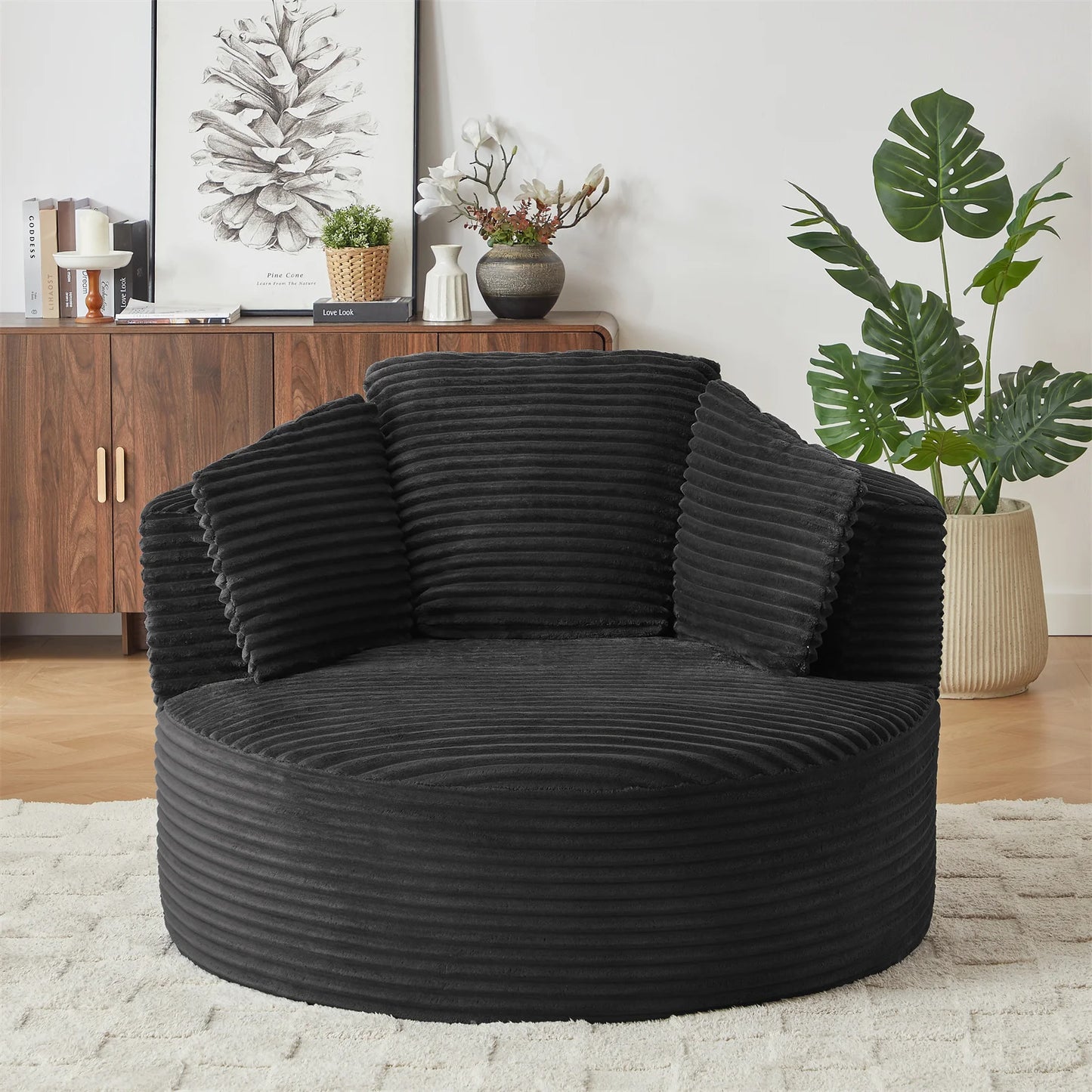 48.8" Round Chair Boneless Chaise Sofa Chair with Backrest and 3 Pillows for Living Room, No Assembly Required