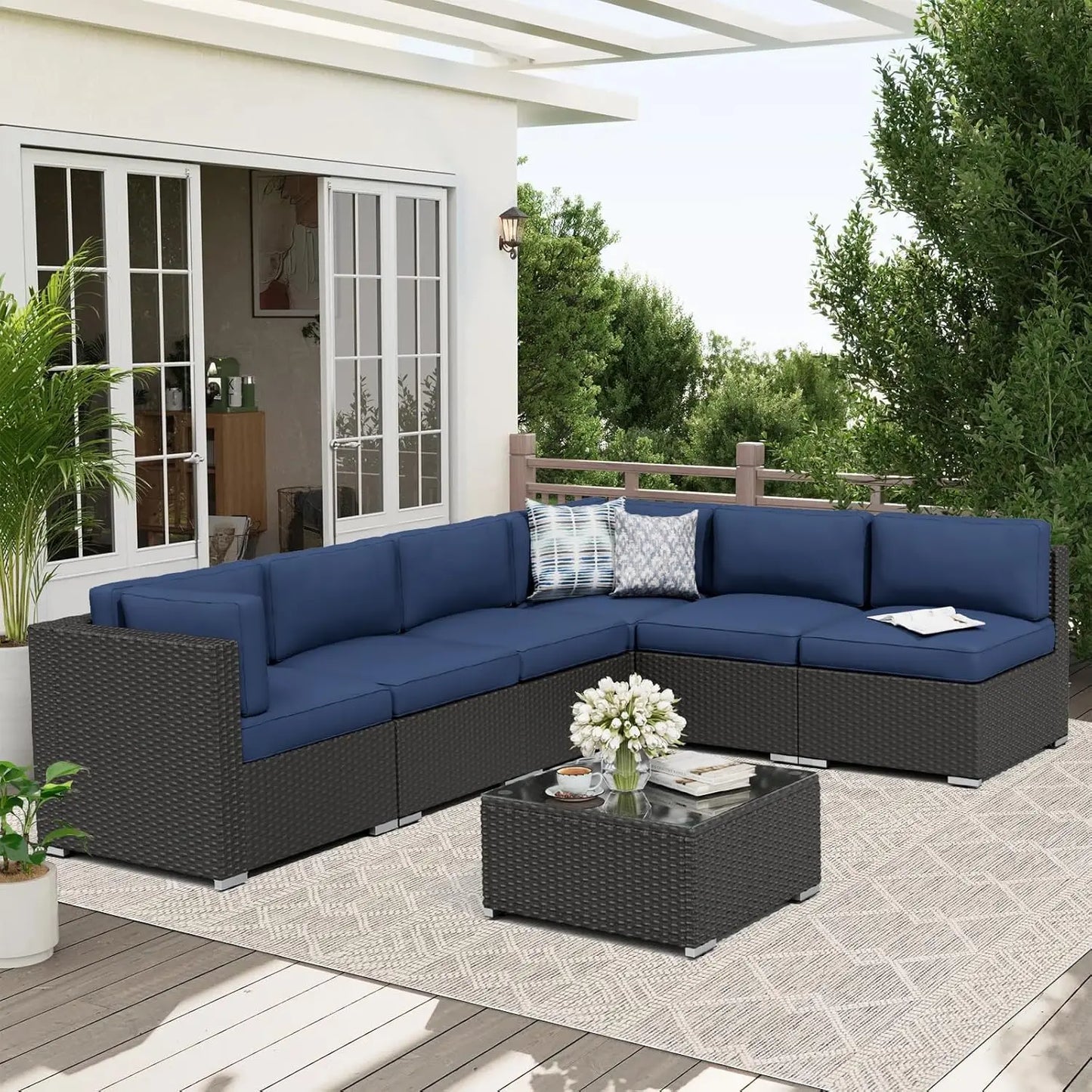 7-Piece Outdoor Patio Furniture Set Grey Rattan Wicker Sectional Sofa Conversation Sets with Cushions and Glass Top, Custom