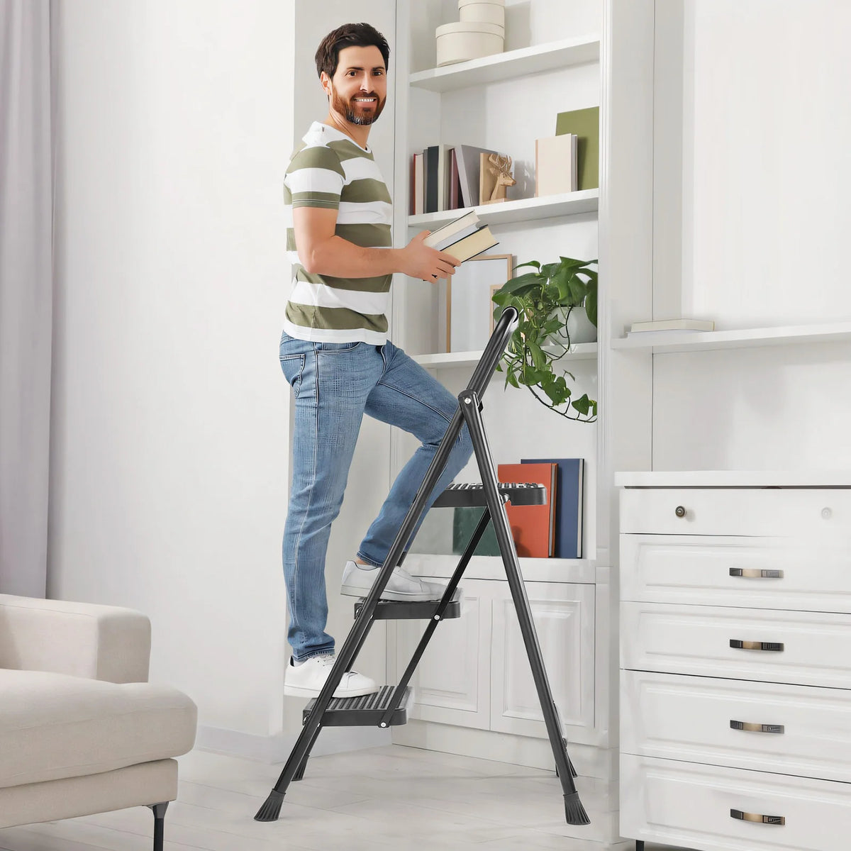 JHK Stainless Steel Folding Ladder Anti-Slip Portable Handle