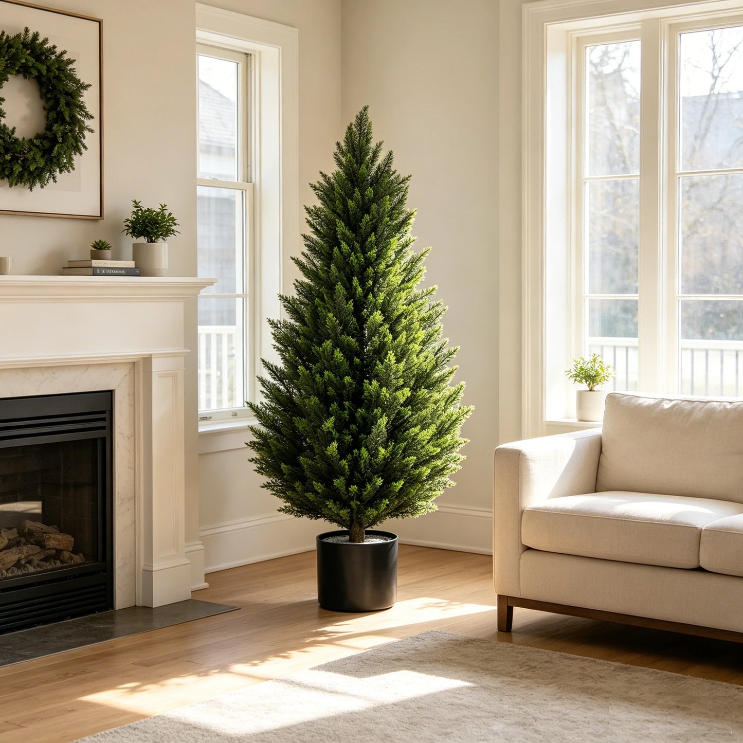 Artificial Cedar Topiary Tree 2/3/4/5/6FT Faux Evergreen Cypress Plant with Realistic Green Leaves, Outdoor Fake Shrub Bush for Front Porch, Garden, Patio, Home Office Halloween Christmas Decor