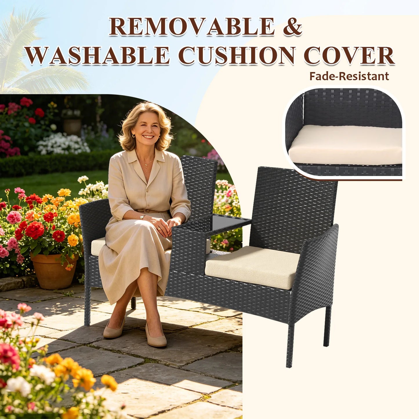 1 Piece Wicker Double Seat Patio Loveseat with Built-in Middle Tea Table, Cushioned Weatherproof Patio Furniture, Comfort Leisure Outdoor Furniture, Sturdy Outdoor Patio Furniture Set for Balcony Porch Garden