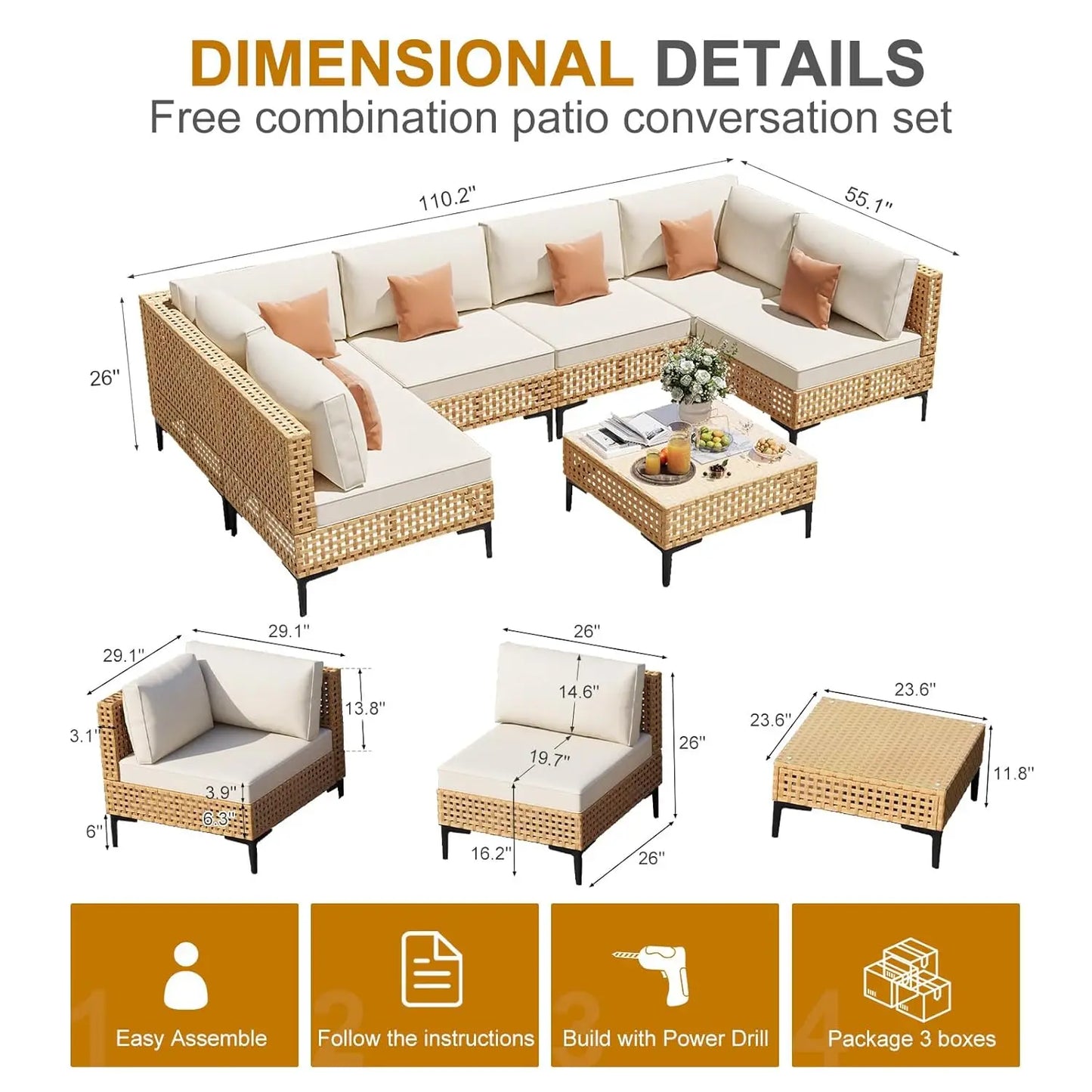 7 Piece Large Outdoor Sectional Sofa All Weather Wicker Thick Cushion Modular Patio Conversation Set For Porch Deck, Customized