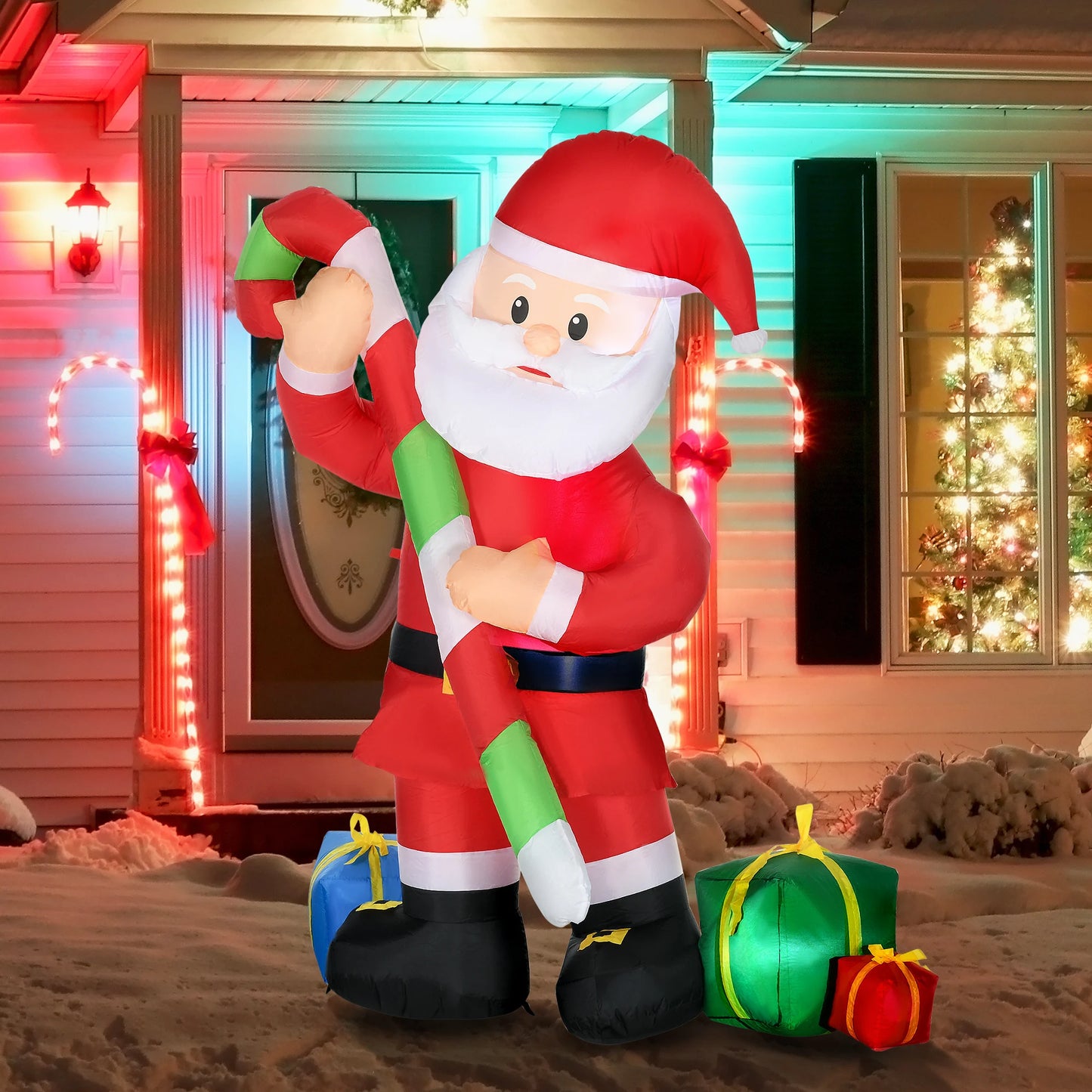 6ft Christmas Inflatables Outdoor Decorationss Decorations Santa Claus with Candy Cane, Blow-Up LED Yard Christmas Decor