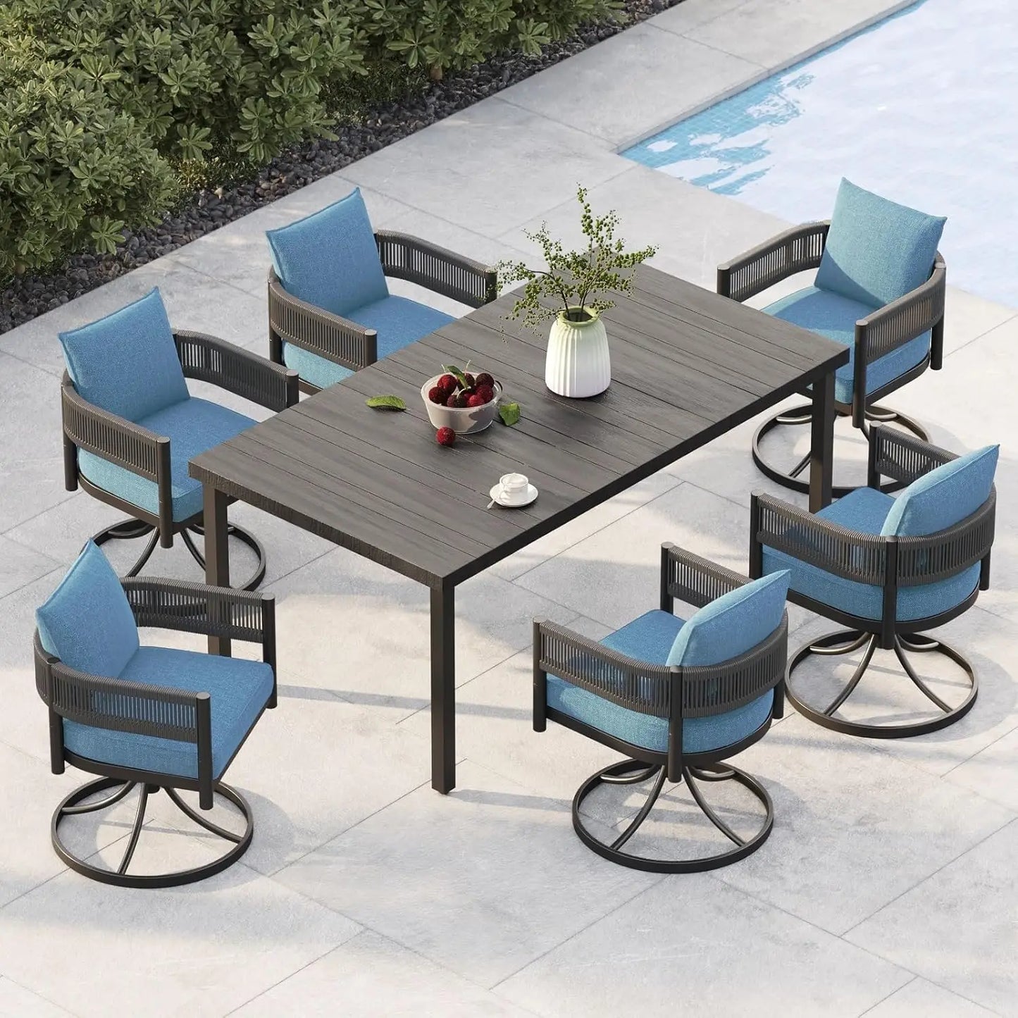 Outdoor Dining Set for 6, 7 PCS Patio Table and Chairs Set, Metal Woven Wicker Fixed Patio Chairs with Thickened Cushions & 1 R
