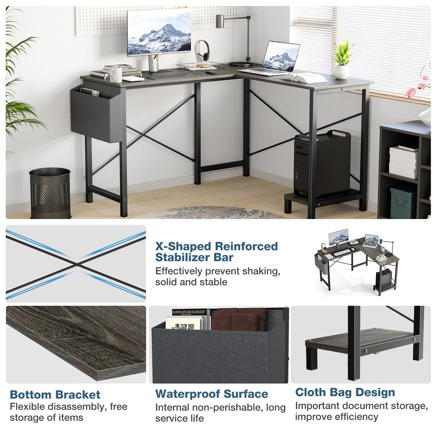 JHK L Shaped Gaming Desk With CPU Storage Shelf And Side Bag
