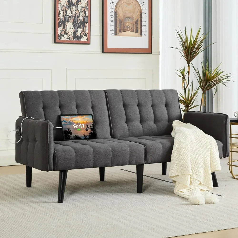 TYBOATLE Tufted Futon Sofa Bed With USB And Adjustable Back