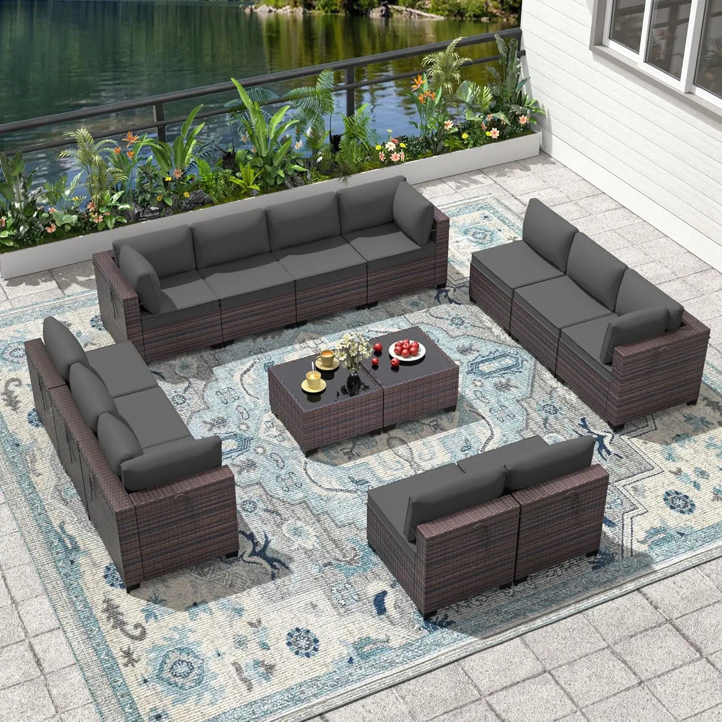 14 Pieces Outdoor Patio Furniture Set,Outdoor Sectional Furniture All Weather PE Rattan Wicker Patio Conversation Set, Custom