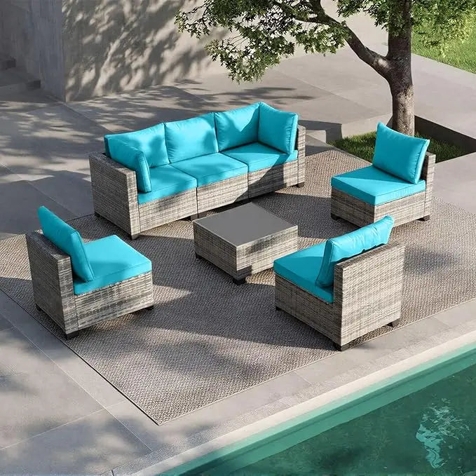 7 Pieces Outdoor Patio Furniture Sets, All-Weather Sectional Sofa Dark Brown PE Rattan Wicker Conversation, Customized