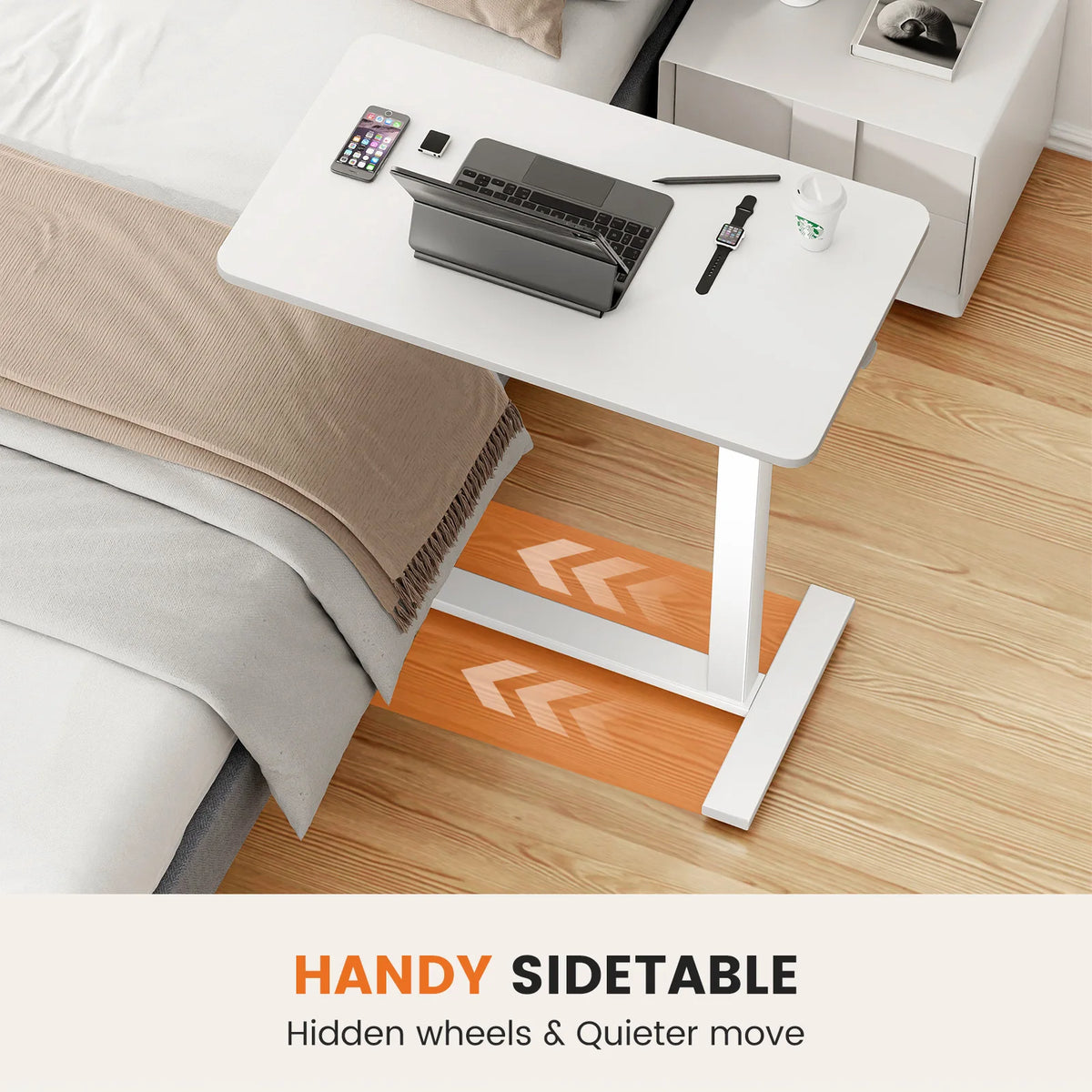JHK Adjustable Overbed Table with Hidden Wheels for Home Use
