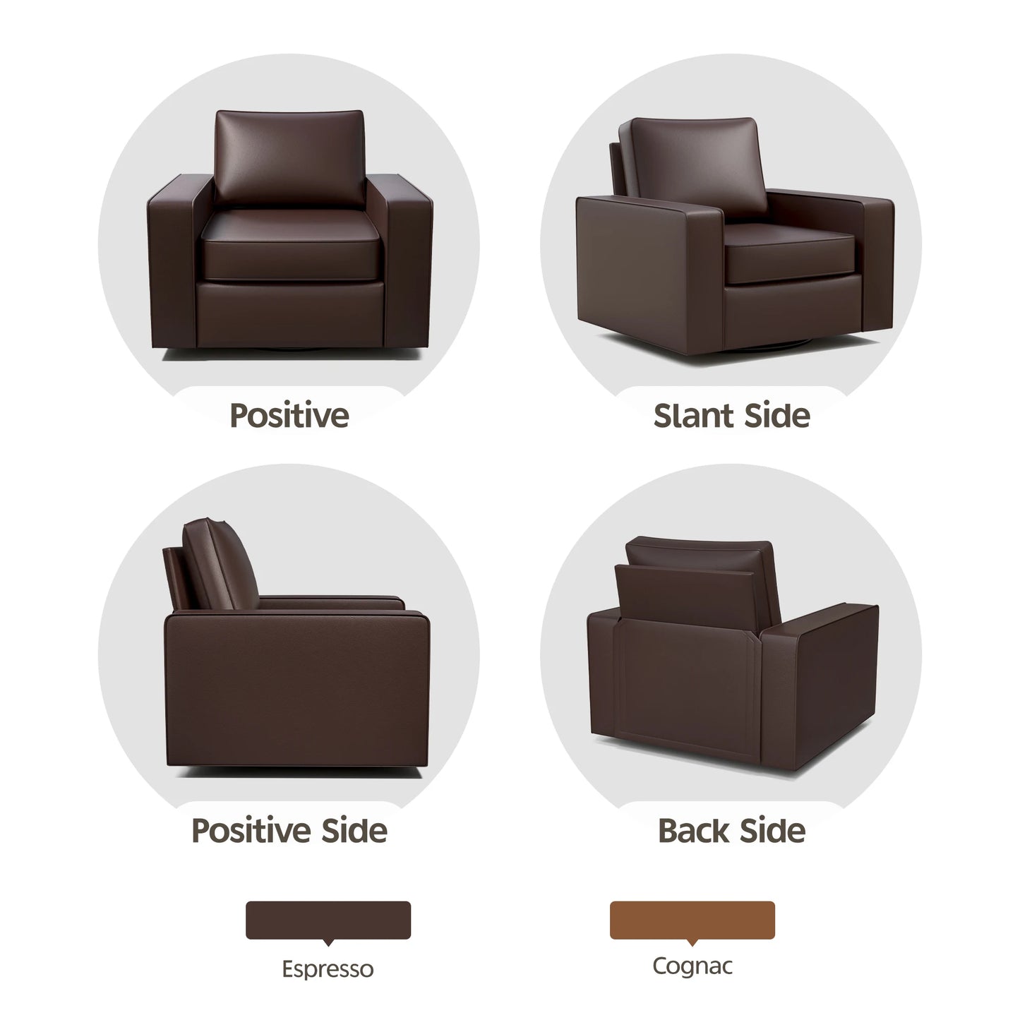 KERDOM 360° Swivel Accent Chair, PU Leather Living Room Chairs with Deep Seat and Upholstered, Square Armchairs for Bedroom, Reading Nook, Easy Assemble, Espresso