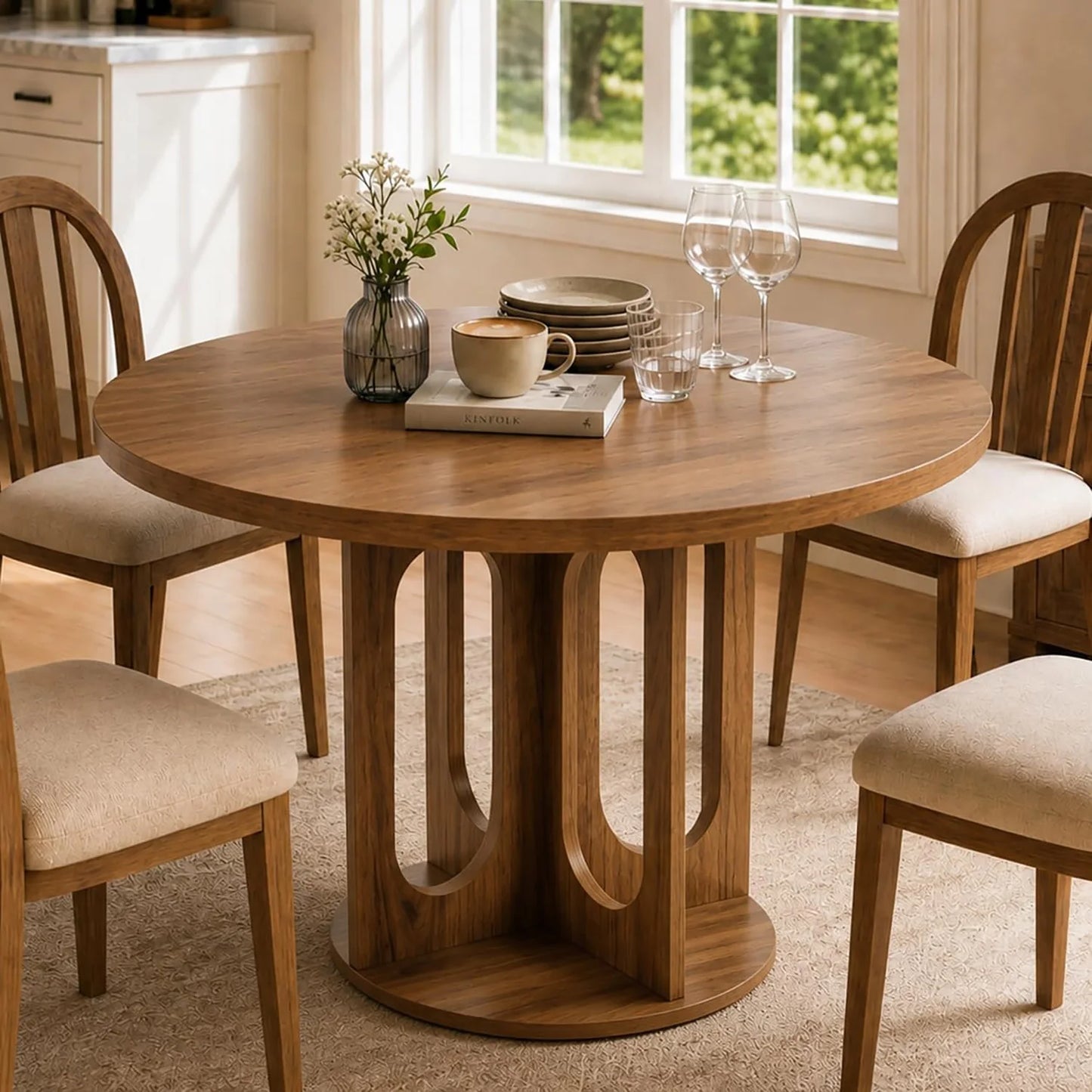47 Inch Round Dining Table For 4-6, Modern Circle Kitchen Table With Open Arch Pedestal Base For Dining Room Breakfast Nook