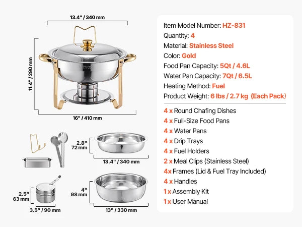 SucceBuy 4-Pack Chafer Buffet Set Stainless Steel With 4 Pans