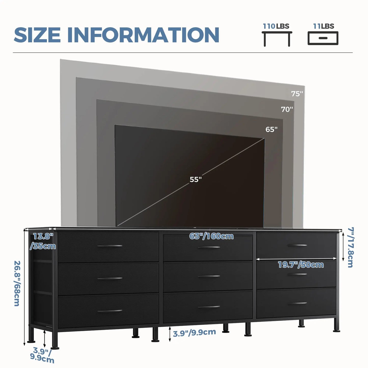 JHK Cabinet For Living Room With 9 Fabric Drawers Long Entertainment Center Up to 75 Inch TV Storage Display Of Furniture