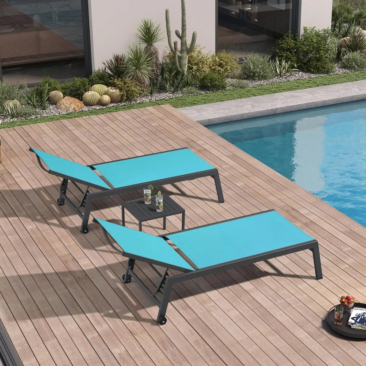 Outdoor Chaise Lounge with Wheels Aluminum Pool Lounge Chairs Set of 2 Fade-Resistant Patio Chaise Lounge with 5, Custom