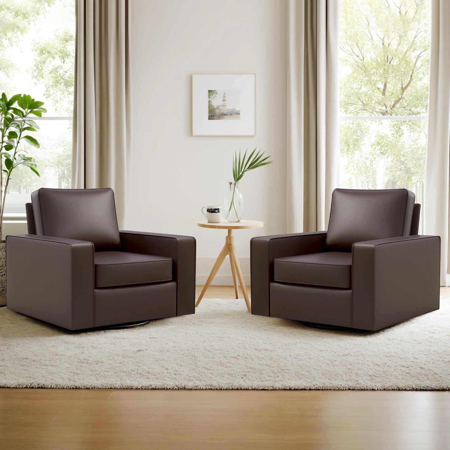 KERDOM 360° Swivel Accent Chair, PU Leather Living Room Chairs with Deep Seat and Upholstered, Square Armchairs for Bedroom, Reading Nook, Easy Assemble, Espresso