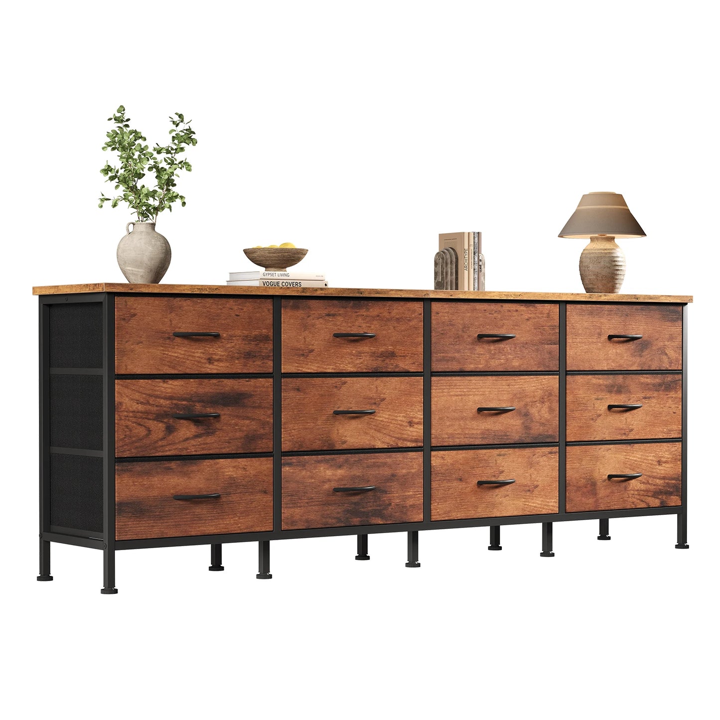 JHK 12 Fabric Cabinet For Living Room Drawers Beside Nightstand Tables Wood Top Entertainment Center Large Fabric TV Consoles for Bedroom Up to 80'' TVs Storage Closet Chest Clothes Display Of Furniture