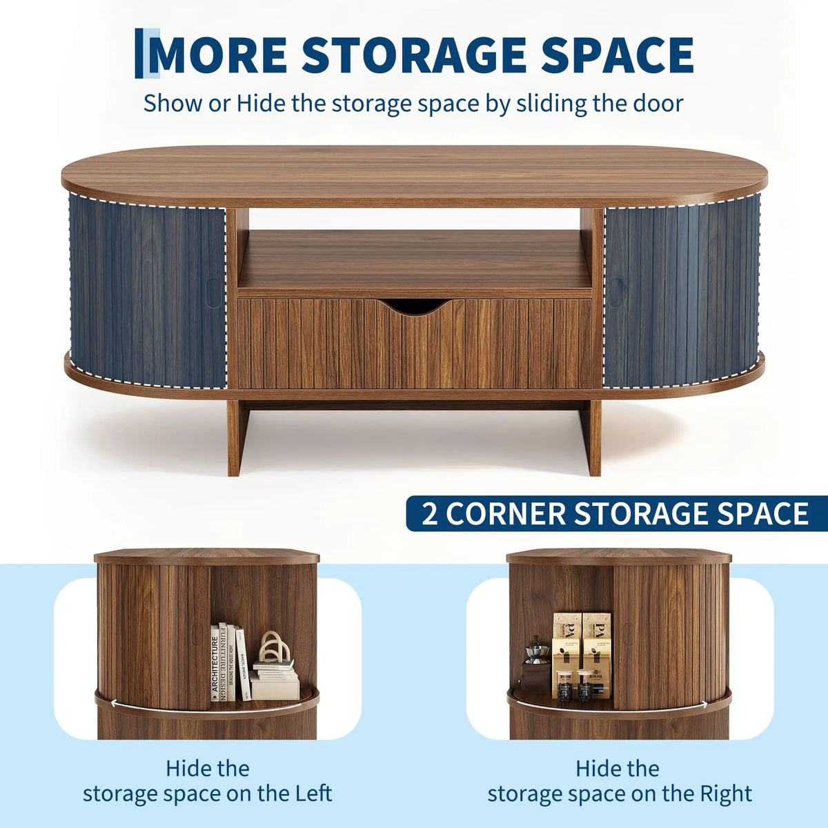 HiMISS Oval Coffee Table With Storage And Fluted Wood Design