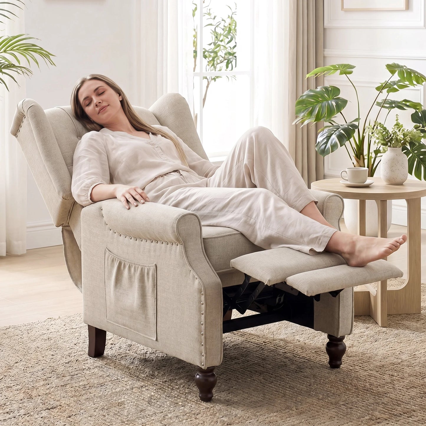 TCGBKAF Mid Century Wingback Pushback Recliner Armchair Massage & Heated Recliner Chair with Button-Tufted Back, Rivet Decoration and Solid Wood Legs for Living Room, Bedroom & Office