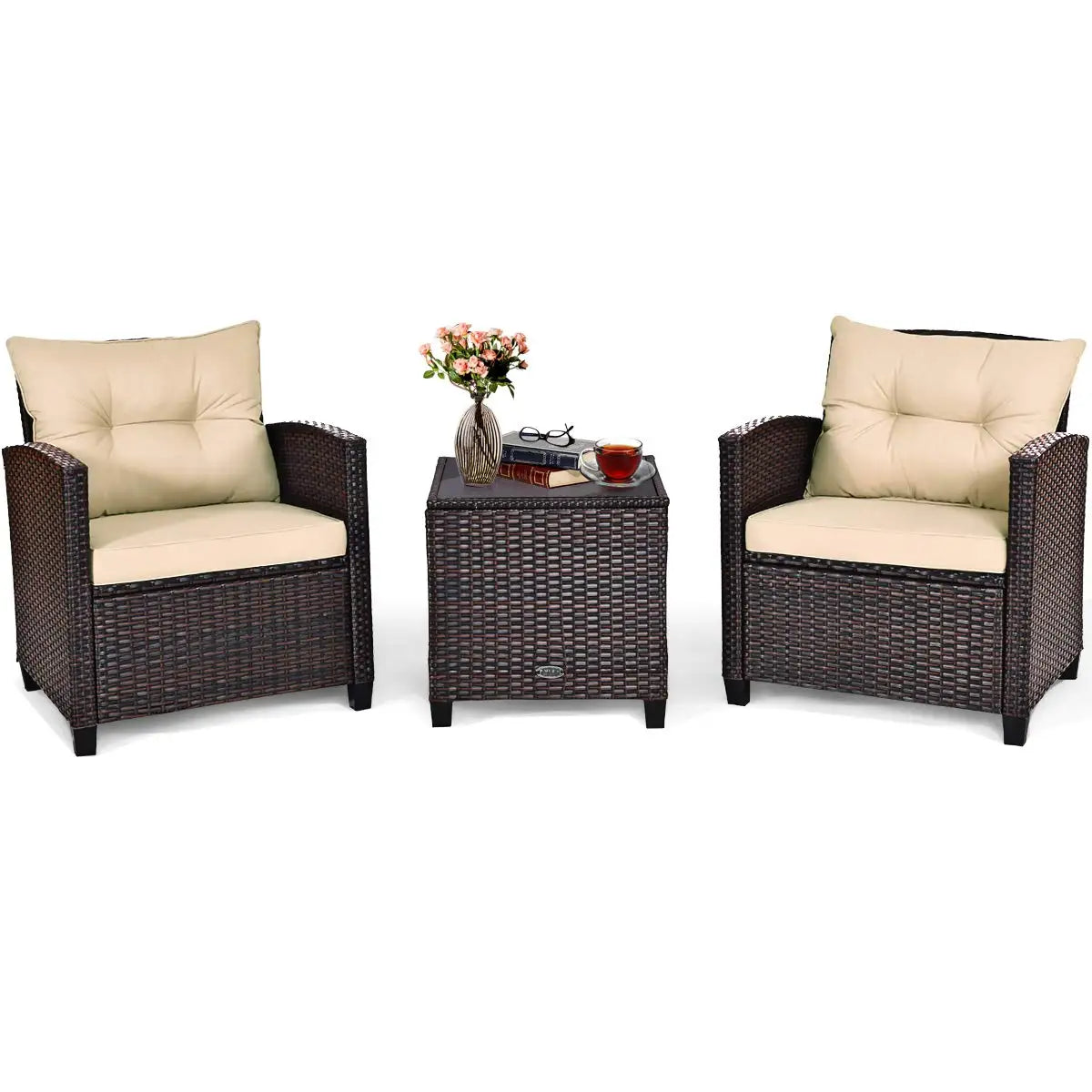 3 Pieces Patio Furniture Set, PE Rattan Wicker 3 Pcs Outdoor Sofa Set w/Washable Cushion and Tempered Glass, Customized