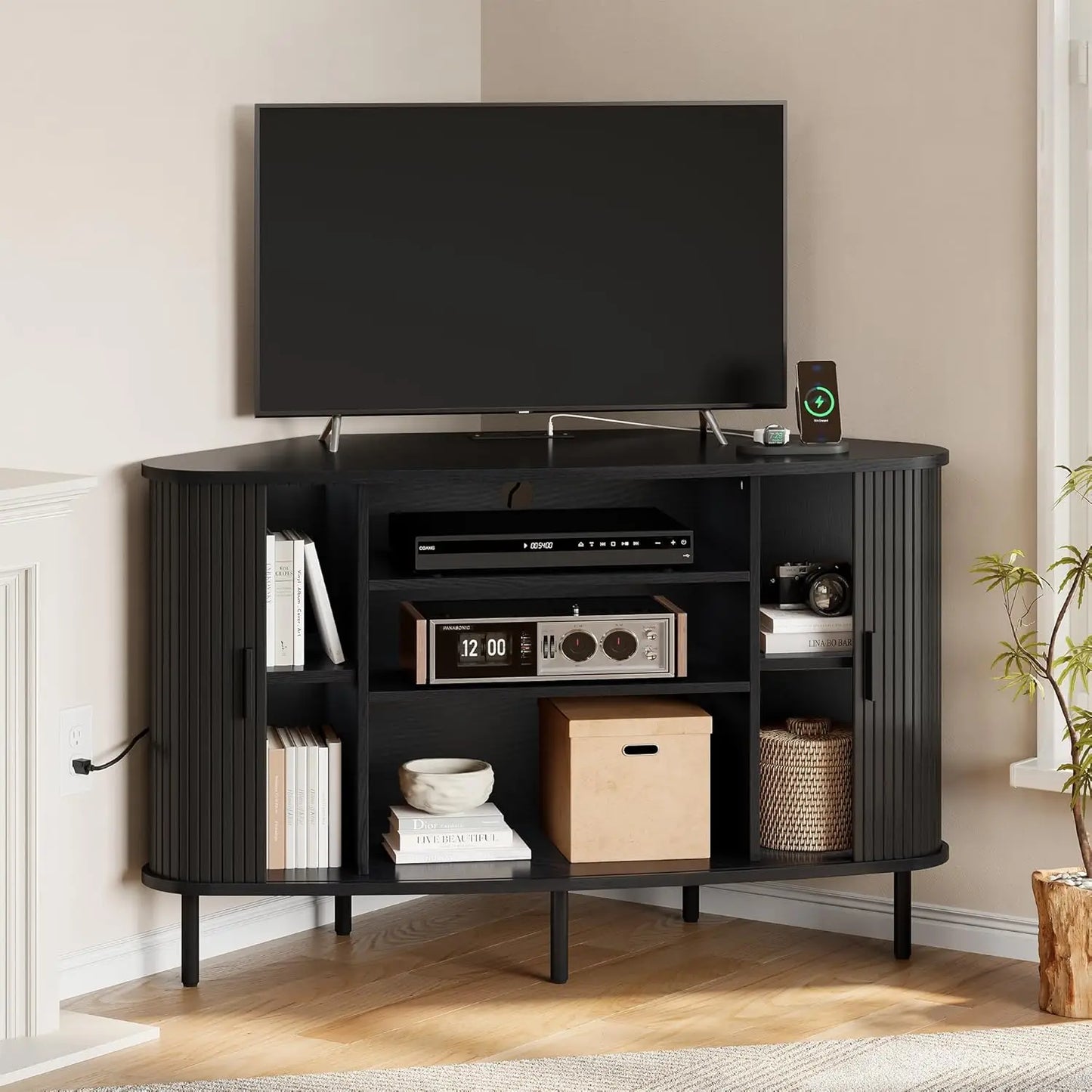 47 Corner TV Stand Sliding Door Power Outlet Wood Storage Media Console Table for Living Room Walnut, Customized
