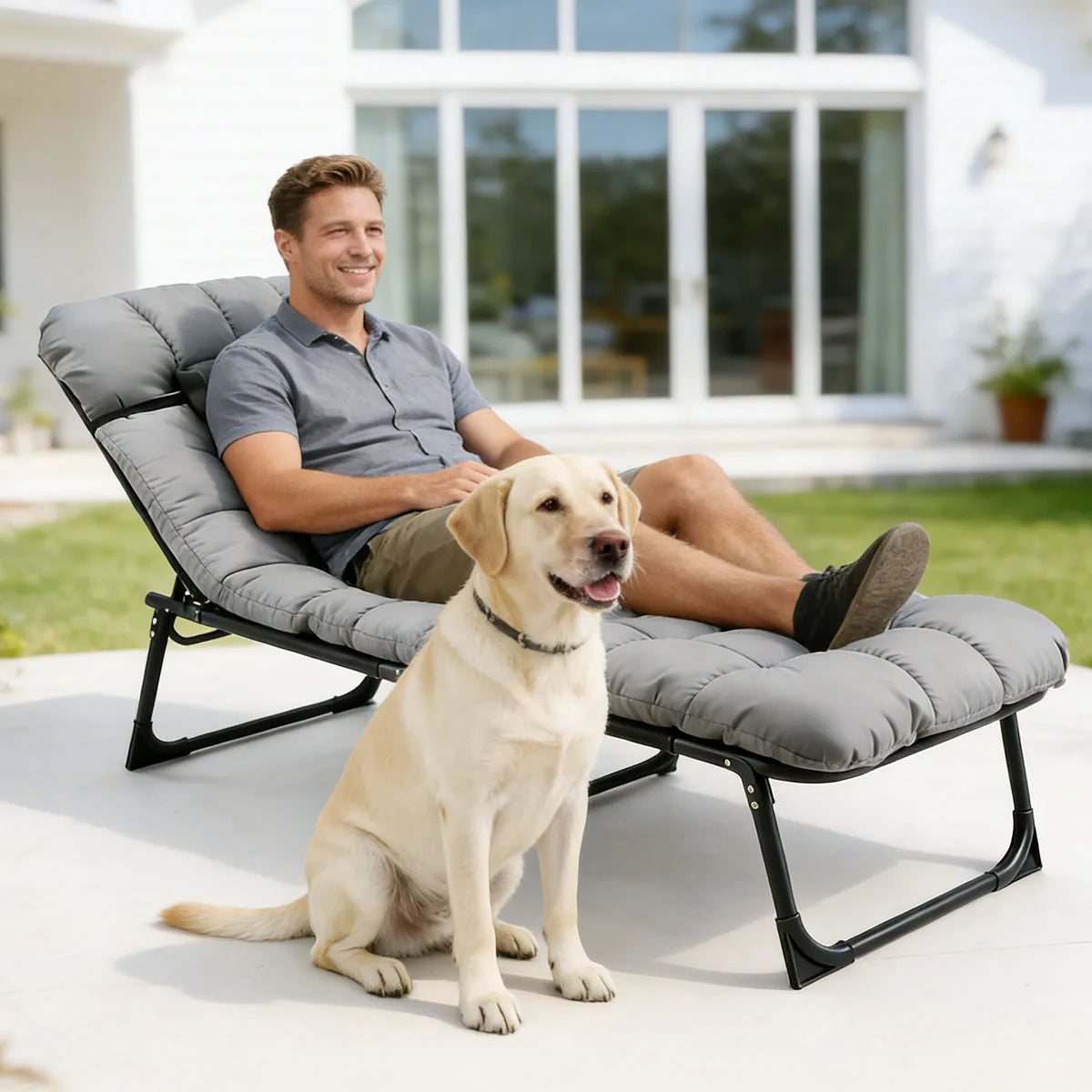 56cm Adjustable Folding Camping Lounge Chair with Removable Soft Cushion, 3 Position Reclining Portable Beach Tanning Chair, Heavy Duty 330 LBS Fold Up Outdoor Chaise Lounge for Pool Patio Office Napping Indoor & Backyard