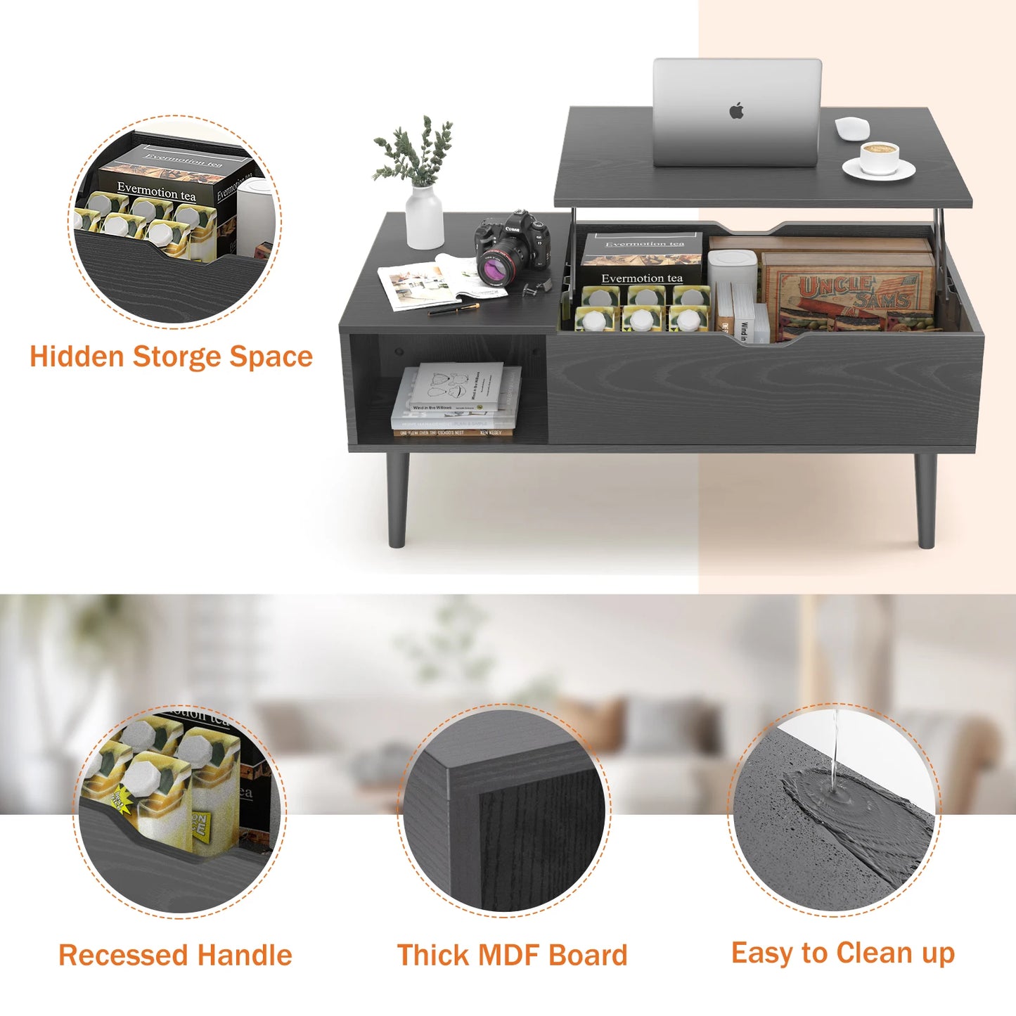 JHK Wooden Lift Top Coffee Table With Adjustable Storage Shelf
