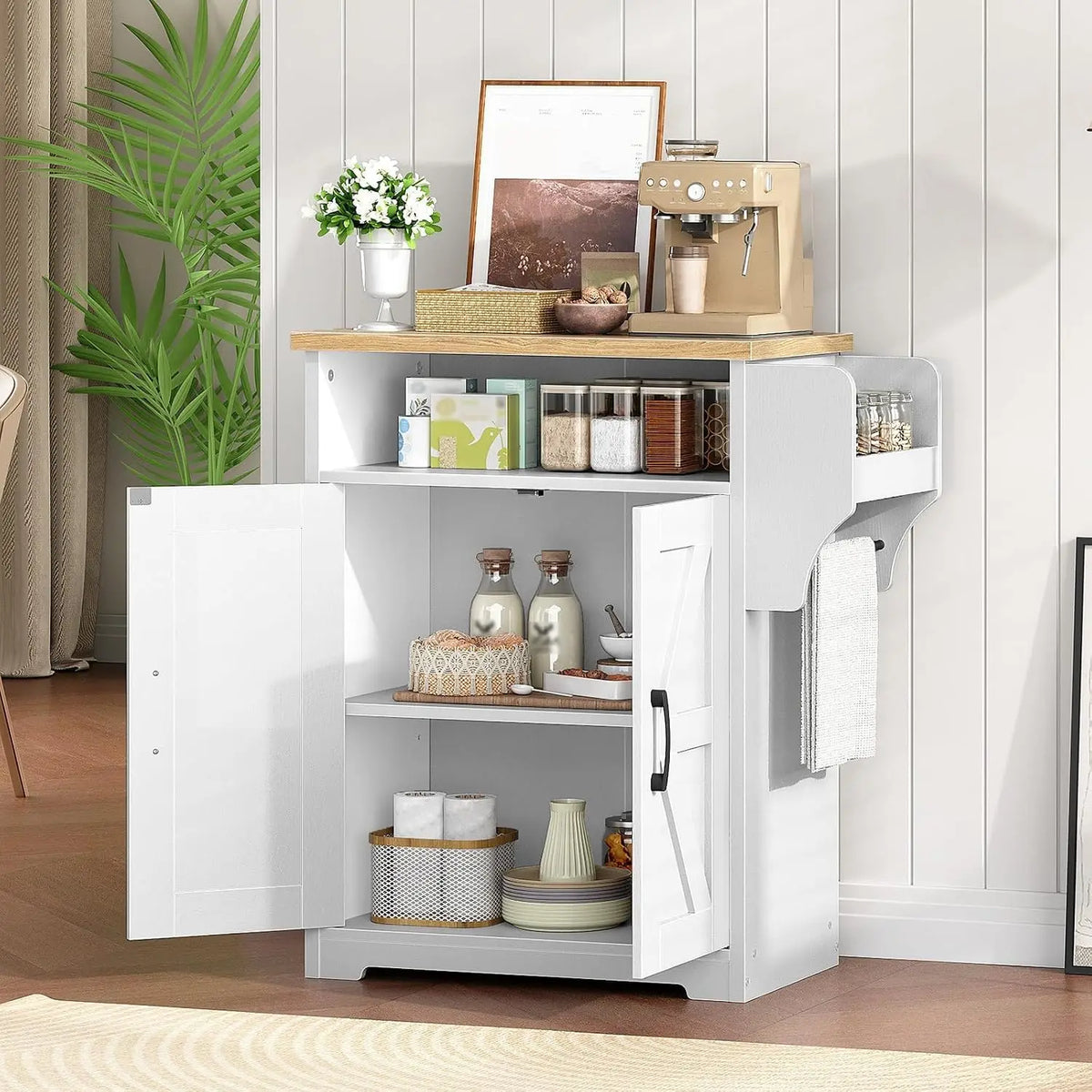 HiMISS Farmhouse Coffee Bar Cabinet With Mug Shelf And Hooks